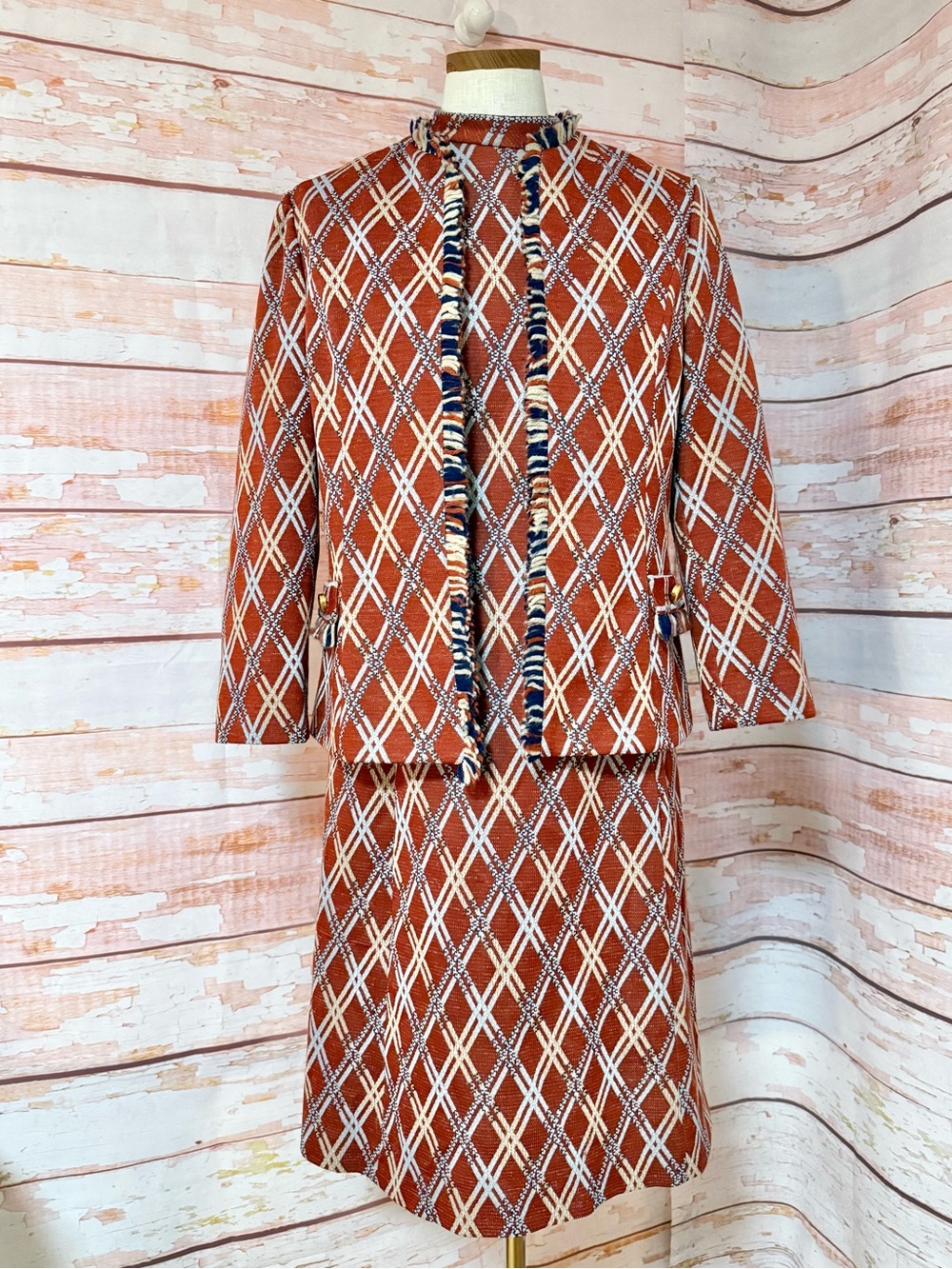 VINTAGE 60s Rust Diamond-Pattern Jacket & Dress Set - Picture 2 of 12